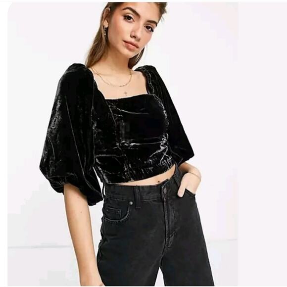 NwT Free People Marie Velvet Puff Sleeve Crop Top in Black Sz Med Boho Gothic - Picture 3 of 7